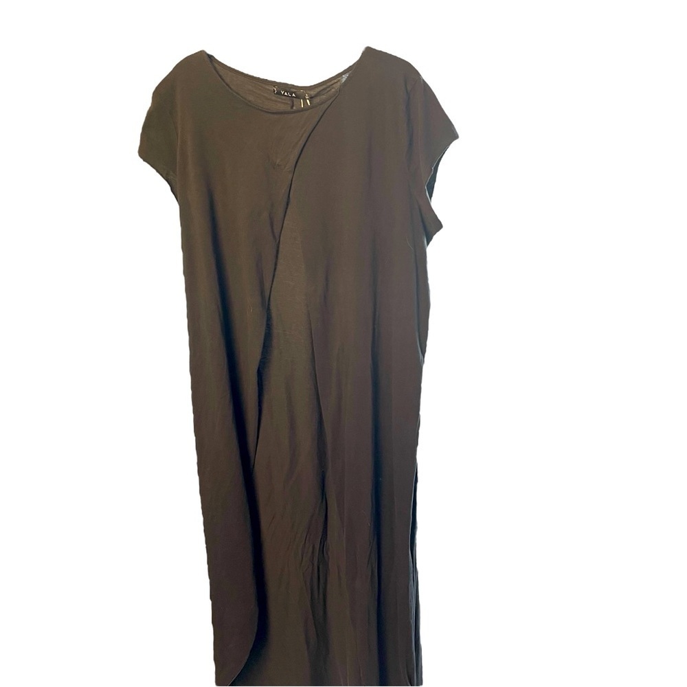 Yala Black Long Split-Front Short Sleeve Top, Lagenlook, Boho, Artsy, Organic, L
